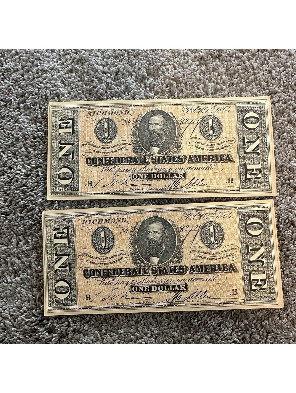 Reproduction Confederate States Of America 1$ Dollar Bill Set Of 2 Lot Flaw